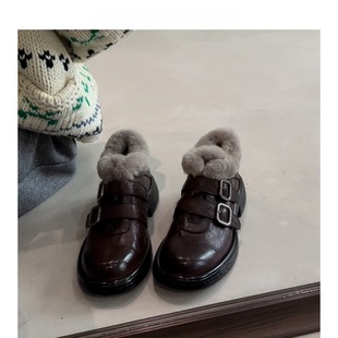 小众英伦风双皮带毛毛鞋2025年秋冬新款加绒小皮鞋粗跟单鞋女棉鞋