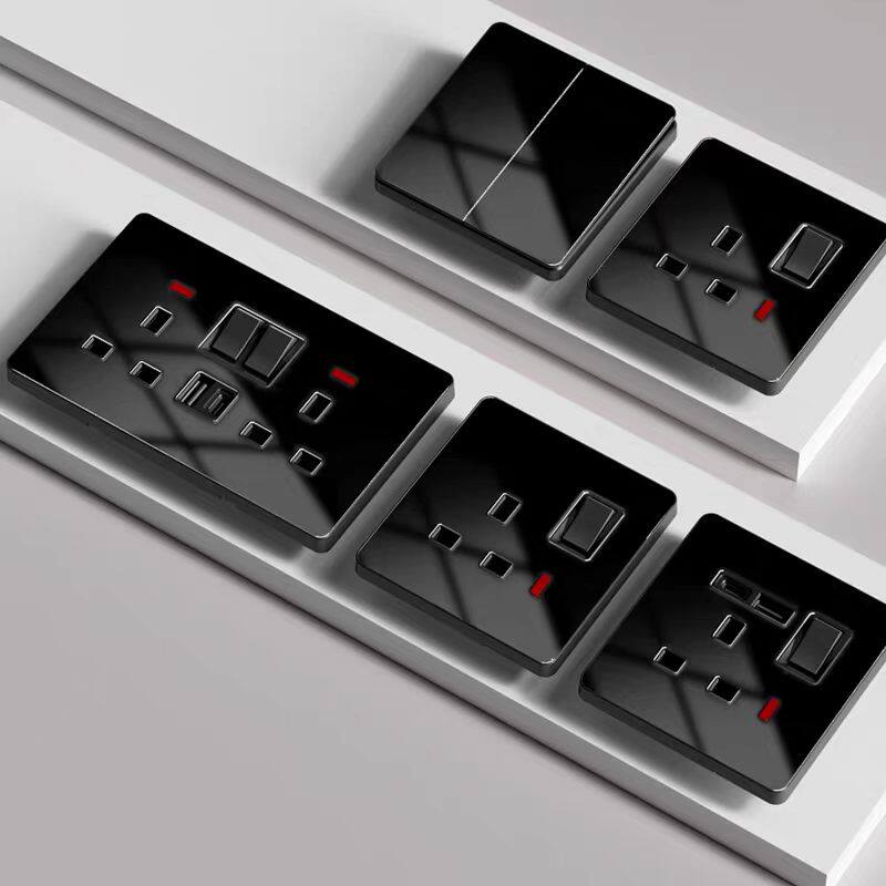 香港13A方孔英式插座黑色玻璃电制灯制开关USB快充Type-C插座面板