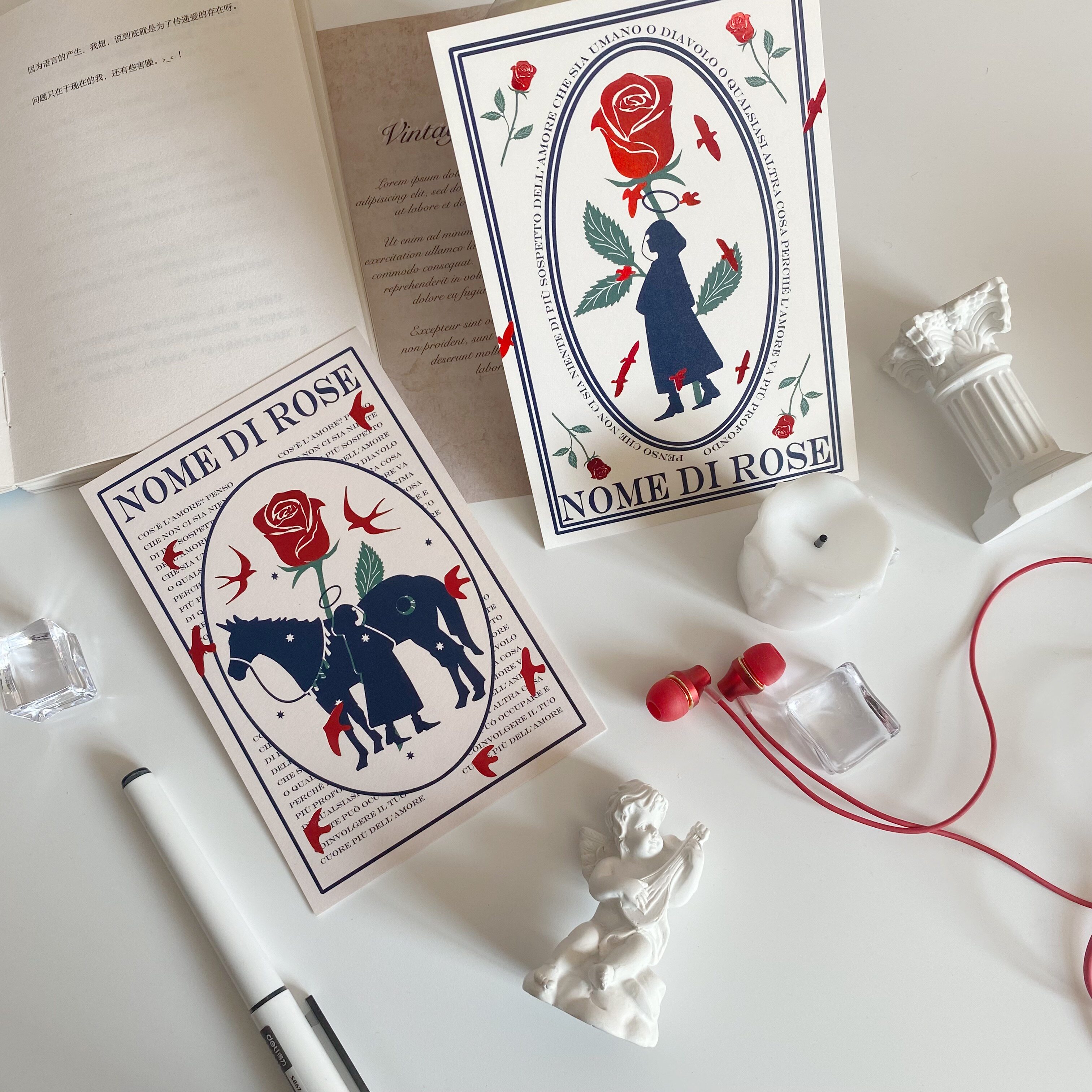「四周年特辑」玫瑰之名追寻丨烫红金工艺明信片三月原创卡片设计