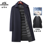 爸爸冬装 老爷车中老年男士 羊绒大衣长款 加厚羽绒内胆外套呢子风衣
