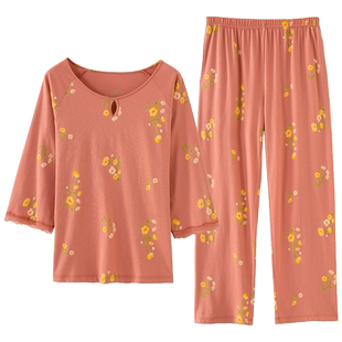 顶呱呱官方旗舰店睡衣女纯棉夏季七分袖印花家居服套装可外穿睡衣
