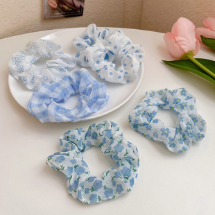 蓝色猪大肠发圈女发绳夏季 扎头皮筋简约气质ins网纱头绳皮筋头饰