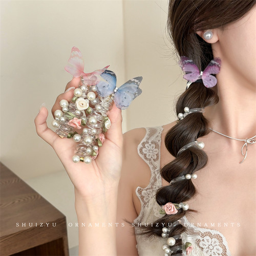 超仙玫瑰花蝴蝶电话线发圈女夏日
