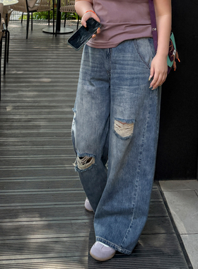 胖mm纯棉破洞牛仔裤木子理想大码女装春夏高腰宽腰头200斤直筒裤