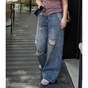 胖mm纯棉破洞牛仔裤 女装 春夏高腰宽腰头200斤直筒裤 木子理想大码