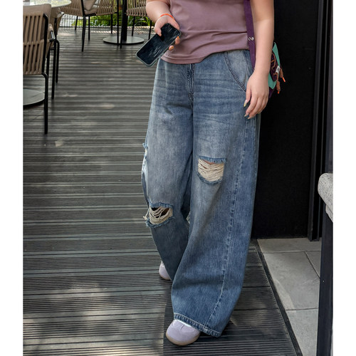 木子理想胖mm大码破洞做旧牛仔裤