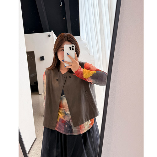 木子理想胖mm大码复古棕PU皮马甲