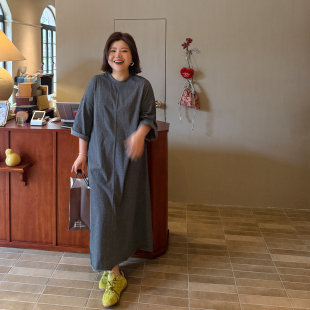 春夏200斤简约长裙 女装 懒人裙胖mm七分袖 宽松T恤裙木子理想大码