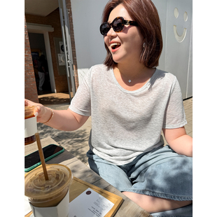 胖mm大码 百搭短袖 T恤木子理想女装 舒适清薄透气U领T恤200斤 夏季