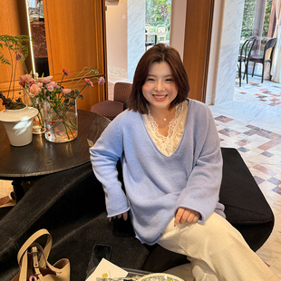 休闲柔软针织衫 插肩袖 女装 胖mm秋冬慵懒感大V领毛衣木子理想大码