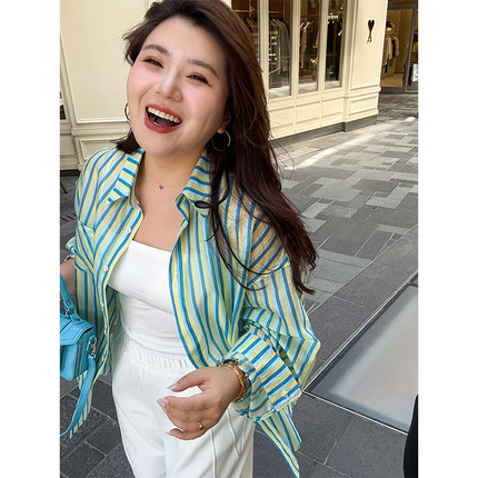 胖mm夏季清爽条纹衬衫木子理想大码女装天丝时尚防晒薄衬衣200斤