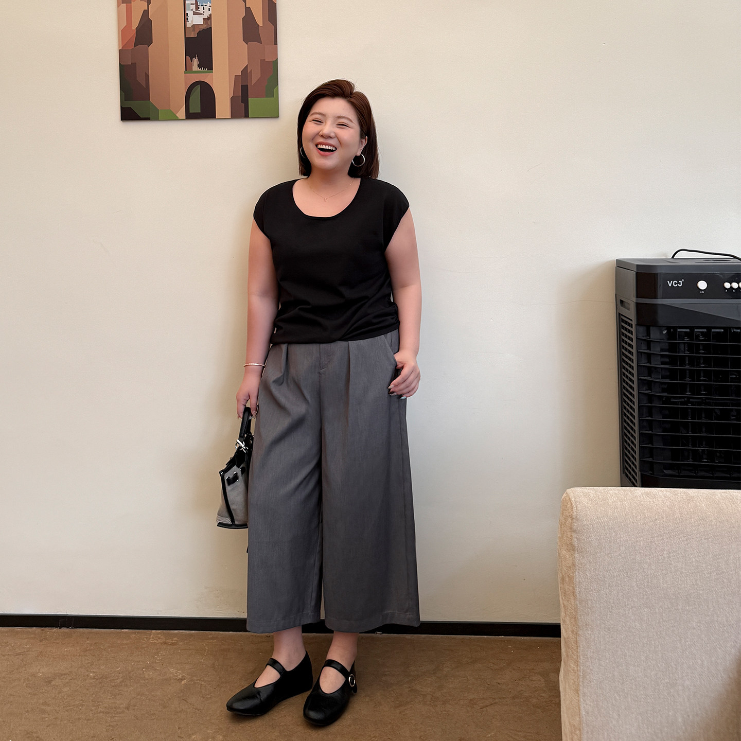 胖mm简约八分裤阔腿裤木子理想大码女装宽松垂坠200斤时装感裤子