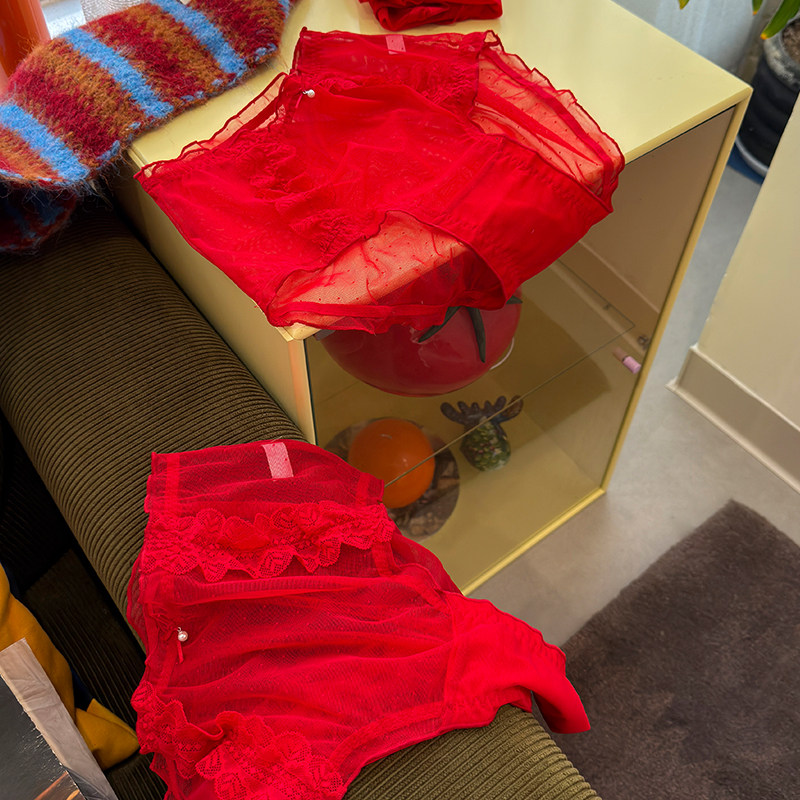木子理想大码网纱蕾丝新年红内裤