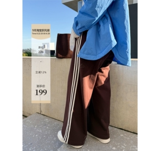 胖mm秋冬三道杠時(shí)尚 木子理想大碼 女松緊腰寬松直筒長(zhǎng)褲 運(yùn)動(dòng)休閑褲
