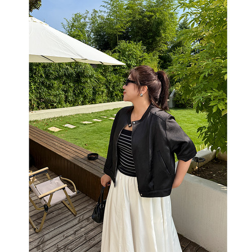 木子理想胖mm大码缎面机车短夹克