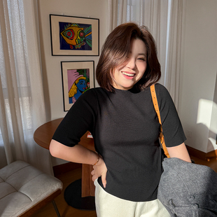 半高领抽褶打底衫 胖mm精致后背镂空五分袖 女装 木子理想大码 针织衫