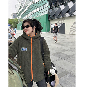 木子理想冬季颗粒绒大码外套女胖妹妹连帽休闲棉服加棉撞色棉上衣