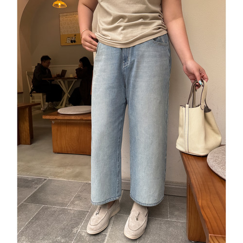 胖mm春夏九分薄牛仔裤木子理想大码女装浅色高腰弹力200斤直筒裤