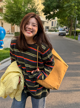 胖mm秋冬休闲彩色条纹针织衫木子理想大码女装显瘦百搭T恤200斤