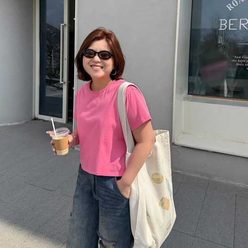 胖mm时髦短款T恤木子理想大码女装夏季纯棉精致200斤宽松短袖T恤