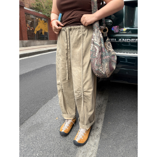 胖mm双腰头橄榄裤 女装 春夏复古宽松200斤纯棉休闲裤 木子理想大码