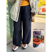 女加厚松紧腰口袋卫裤 胖mm冬季 木子理想大码 裤 200斤 复古抓绒工装