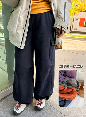胖mm冬季复古抓绒工装裤木子理想大码女加厚松紧腰口袋卫裤200斤