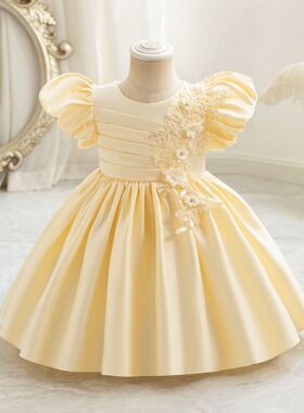 女童连衣裙秋装缎布新款儿童花童礼服生日主持人洋气公主裙子
