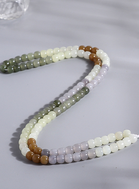 天然新疆和田玉多宝6x7mm项链白玉糖玉烟紫色老型珠桶珠手链挂绳