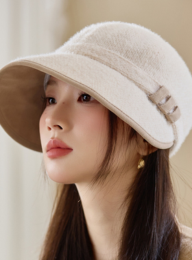 春季2026新款毛呢帽子女渔夫帽时尚优雅鸭舌盆帽保暖加绒显0107z