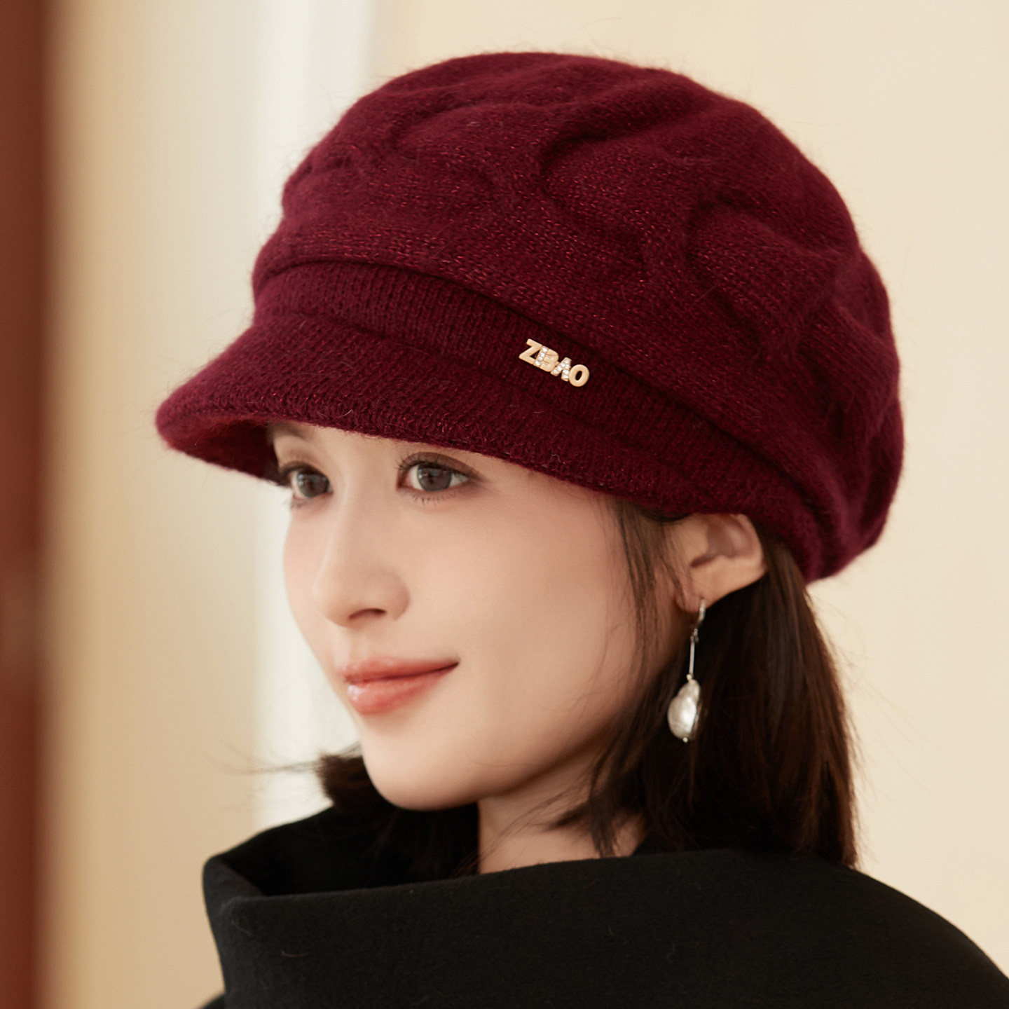 两层针织毛线帽女士秋冬天兔毛加厚保暖贝雷帽防寒洋气时尚妈妈帽