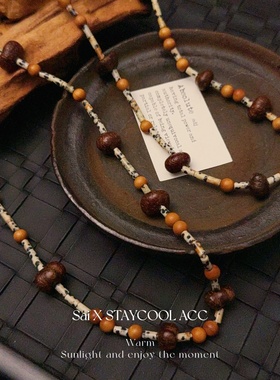 芭比木沉香斑点石串珠复古项链女士锁骨链波嬉风中古北欧风