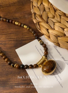 古埃及风复古重工天然虎眼石吊坠女士项链美拉德风锁骨链