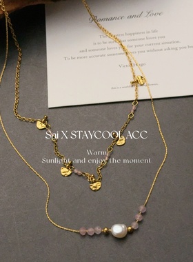 粉色天然晶项链女士钛钢珠珠锁骨链叠戴高级感复古度假风北欧