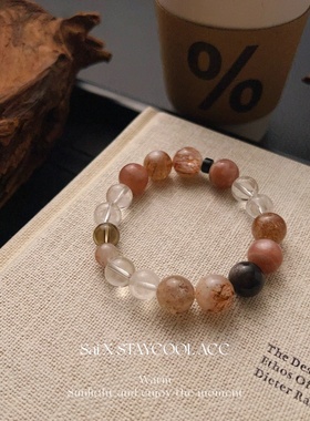 天然太阳石发晶白水晶黑曜石串珠女士手链复古美拉德色雅丹风手串