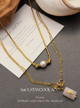 法式复古天然石珠珠叠戴金色复古项链女士波西米亚风度假