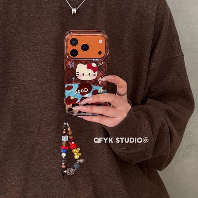 ins复古格纹豹纹猫咪适用iPhone17promax苹果15手机壳16promax新款亮面17链条13防摔保护套14pro全包16卡通女