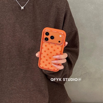 简约透橙色满屏五角星适用iPhone17promax苹果15手机壳16promax新款17全包亮面13防摔保护套14pro高级感