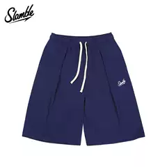 Slamble American Casual Terry Cropped Pants for Men and Women, Loose Fit, Sweat-Absorbent, Over-The-Knee, Letter Print, Summer Trendy
