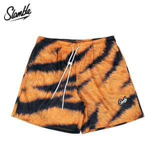 SLAMBLE男子运动短裤训练健身四分网眼动物纹篮球美式宽松潮流
