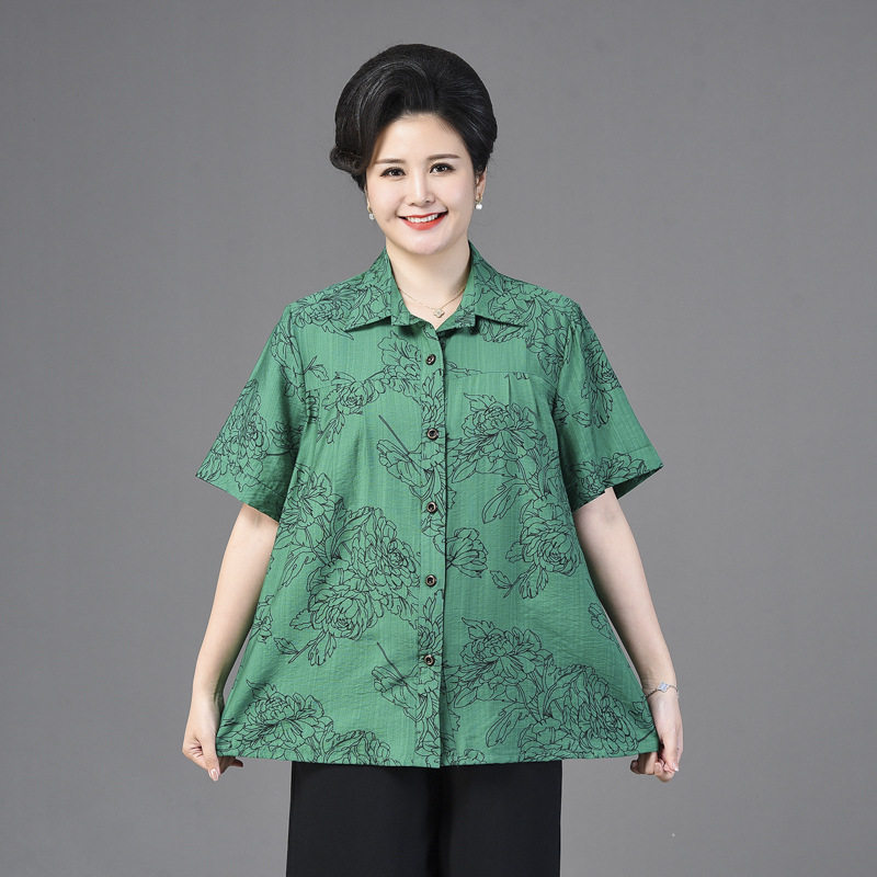 中老年人胖奶奶装200斤加肥加大码女装妈妈夏装衬衫纯棉短袖上衣