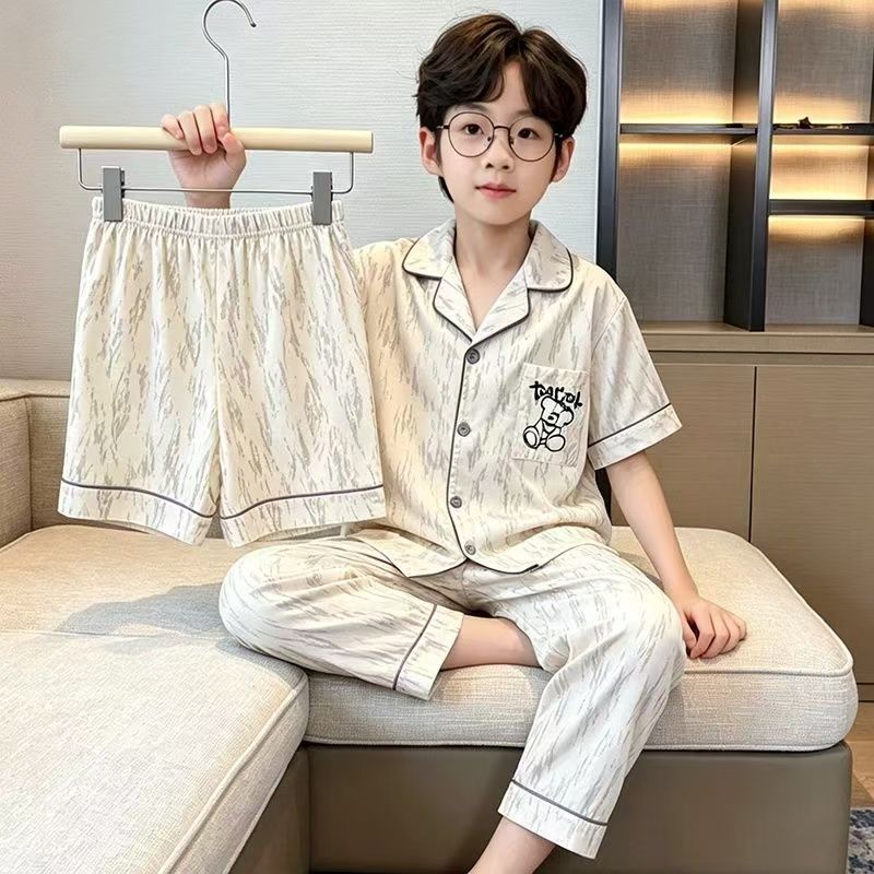 三件套卡通云朵棉睡衣男童夏季薄款短袖宽松翻领中大童家居服套装