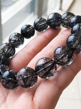 巴西黑发晶手串 天然水晶顺发蕾丝款钛晶绿发晶黑曜石手链男女