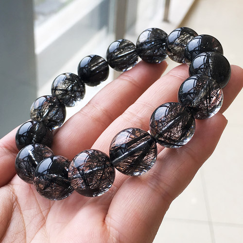 巴西黑发晶手串 天然水晶顺发蕾丝款钛晶绿发晶黑曜石手链男女
