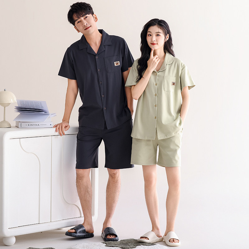 夏季莱卡棉开衫翻领情侣睡衣短袖短裤纯棉休闲家居服男女薄款套装
