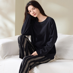 秋冬季加厚莱卡棉睡衣女长袖纯棉黑色大码休闲可外穿家居服女套装