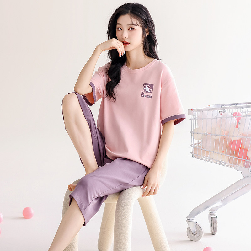 夏季新款莱卡棉睡衣女短袖七分裤纯棉休闲外穿运动薄款家居服套装