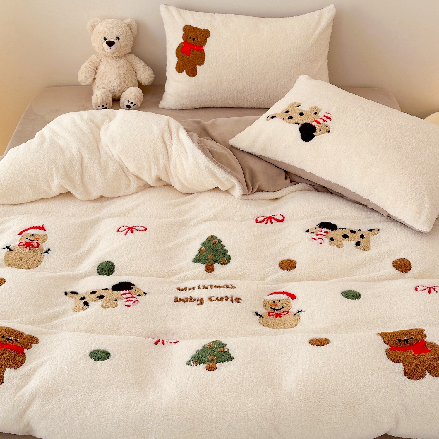 圣诞款四件套牛奶绒绵羊绒床单式