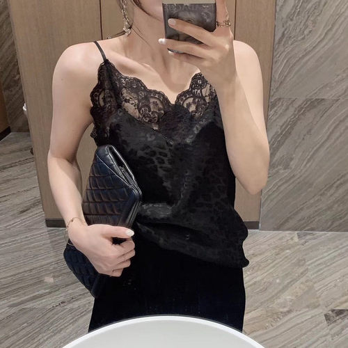 吊带背心女大码宽松外穿V领蕾丝无袖内搭打底衫黑色绸缎遮肚上衣