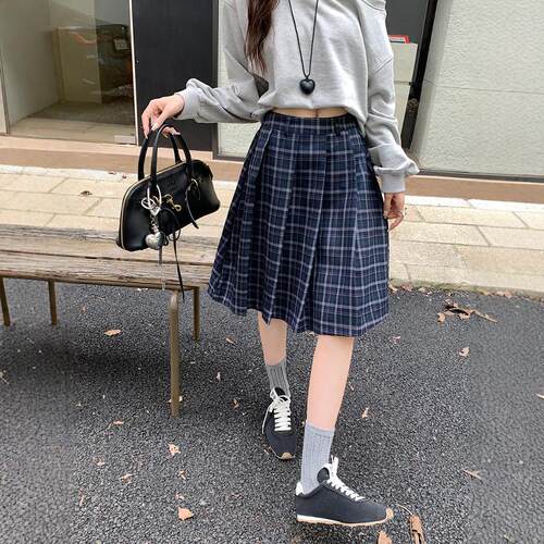 学院风中长款格子百褶裙伞裙百搭